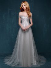 Unique Brush Train A-line Prom Evening Gown Grey One Shoulder Tulle and Lace Sleeveless With Train Zipper
