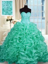 Beauteous Organza Sweetheart Sleeveless Lace Up Beading and Pick Ups Quinceanera Gowns in Turquoise