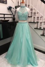  Apple Green Halter Top Backless Beading Prom Evening Gown Sweep Train Sleeveless