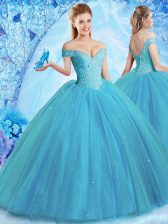 Top Selling Off the Shoulder Sleeveless Brush Train Lace Up With Train Beading Quinceanera Dresses