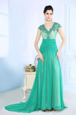  Turquoise Column/Sheath Beading and Lace and Ruching Dress for Prom Side Zipper Chiffon Cap Sleeves With Train