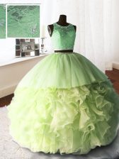  Scoop With Train Yellow Green Ball Gown Prom Dress Organza and Tulle and Lace Brush Train Sleeveless Beading and Lace and Ruffles