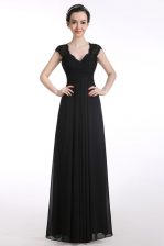  Cap Sleeves Floor Length Lace Zipper Evening Dress with Black