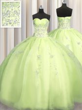  Big Puffy Yellow Green Sleeveless Beading and Appliques Floor Length Ball Gown Prom Dress