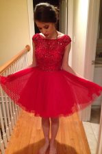 Pretty Knee Length Red Prom Party Dress Tulle Cap Sleeves Beading