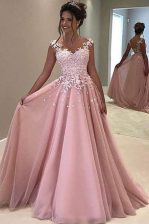 Beautiful V-neck Sleeveless Prom Evening Gown With Train Sweep Train Appliques Pink Tulle