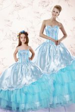 Best Selling Organza Sweetheart Sleeveless Zipper Embroidery and Ruffled Layers Sweet 16 Quinceanera Dress in Baby Blue