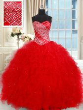 Cheap Red Tulle Lace Up Quinceanera Gown Sleeveless Floor Length Beading and Ruffled Layers