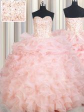 High Class Baby Pink Lace Up Sweetheart Beading and Ruffles Quince Ball Gowns Organza Sleeveless