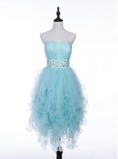 High Class Sweetheart Sleeveless Prom Gown Asymmetrical Beading Light Blue Tulle