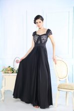  Black Cap Sleeves Chiffon Zipper Prom Party Dress for Prom