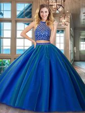 Delicate HalterHalter Top Two Pieces Sleeveless Royal Blue Quinceanera Dress Brush Train Backless