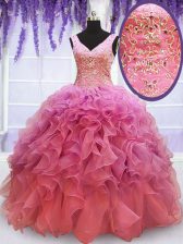 Fantastic Pink Ball Gowns Organza V-neck Sleeveless Beading and Embroidery and Ruffles Floor Length Lace Up Quinceanera Gowns