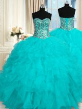  Sweetheart Sleeveless Quinceanera Gown Floor Length Beading and Ruffles Baby Blue Organza
