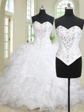  White Sleeveless With Train Beading and Ruffles Lace Up 15th Birthday Dress