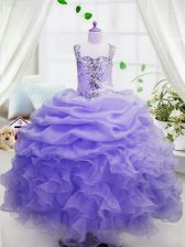  Lavender Organza Zipper Square Sleeveless Floor Length Little Girls Pageant Gowns Beading and Ruffles and Pick Ups