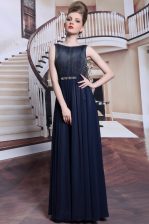  Sleeveless Floor Length Beading and Appliques Zipper Dress for Prom with Navy Blue