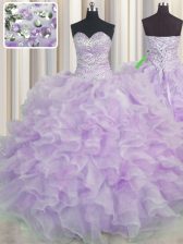 Customized Floor Length Lavender Quince Ball Gowns Organza Sleeveless Beading and Ruffles