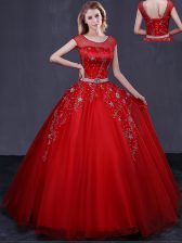 Beautiful Floor Length Red Quince Ball Gowns Scoop Cap Sleeves Lace Up