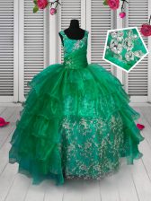 High End Sleeveless Floor Length Appliques and Ruffled Layers Lace Up Pageant Gowns For Girls with Green