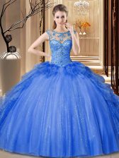 Super Scoop Blue Tulle and Sequined Lace Up Quinceanera Dress Sleeveless Floor Length Ruffles