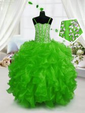  Green Lace Up Spaghetti Straps Beading and Ruffles Little Girls Pageant Gowns Organza Sleeveless