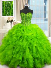 Modest Ball Gowns Beading and Ruffles and Sequins Quince Ball Gowns Lace Up Organza Sleeveless Floor Length
