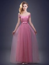  Off the Shoulder Pink Lace Up Dama Dress for Quinceanera Ruching and Bowknot Sleeveless Floor Length