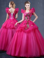  Fuchsia Lace Up Straps Appliques 15 Quinceanera Dress Tulle Sleeveless