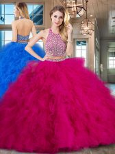 Noble Halter Top Sleeveless Brush Train Backless With Train Beading and Ruffles Vestidos de Quinceanera