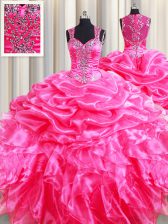  Straps Beading and Ruffles and Pick Ups Quinceanera Dresses Hot Pink Zipper Sleeveless Floor Length
