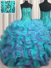  Visible Boning Beaded Bodice Organza Strapless Sleeveless Lace Up Beading and Ruffles Vestidos de Quinceanera in Multi-color