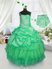 Cheap Apple Green Ball Gowns Satin and Tulle Strapless Sleeveless Beading and Ruffled Layers and Pick Ups Floor Length Lace Up Girls Pageant Dresses