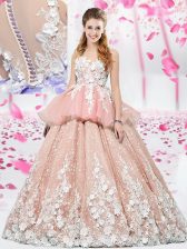 Eye-catching Pink Lace Up Scoop Lace and Appliques Sweet 16 Dress Organza and Tulle Sleeveless