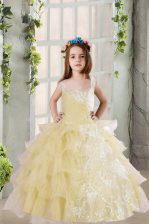  Ruffled Floor Length Ball Gowns Sleeveless Light Yellow Little Girls Pageant Dress Wholesale Lace Up