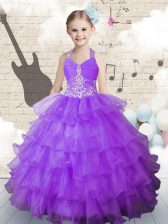  Halter Top Beading and Ruffled Layers Child Pageant Dress Lavender Lace Up Sleeveless Floor Length