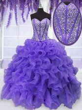  Lavender Sweetheart Lace Up Beading and Ruffles Sweet 16 Dress Sleeveless