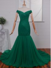  Mermaid Off the Shoulder Tulle Sleeveless Prom Party Dress Court Train and Ruching