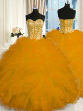 Floor Length Lace Up Quinceanera Gowns Gold for Military Ball and Sweet 16 and Quinceanera with Beading and Ruffles
