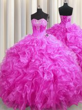 High Class Fuchsia Ball Gowns Organza Sweetheart Sleeveless Beading and Ruffles Lace Up Quinceanera Gowns Sweep Train