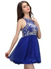 Pretty Scoop Mini Length Zipper Prom Gown Royal Blue for Prom and Party with Beading