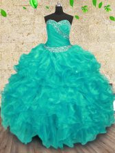 Fantastic Organza Sweetheart Sleeveless Lace Up Beading Quince Ball Gowns in Turquoise