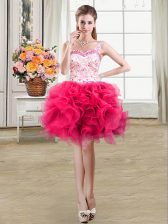  Straps Mini Length Hot Pink Prom Gown Organza Sleeveless Beading and Lace and Ruffles