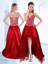  Wine Red Satin Lace Up Prom Gown Sleeveless High Low Beading