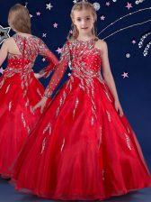 Trendy Floor Length Zipper Pageant Gowns For Girls Red for Quinceanera and Wedding Party with Beading and Ruffles