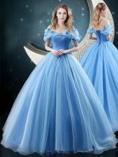  Off the Shoulder Appliques Vestidos de Quinceanera Baby Blue Lace Up Sleeveless With Brush Train