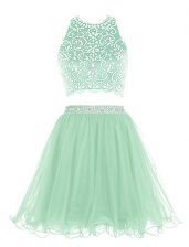 Fabulous Apple Green Two Pieces Organza Halter Top Sleeveless Beading Mini Length Clasp Handle Prom Party Dress