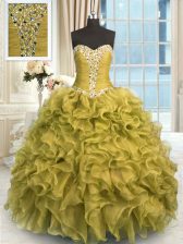  Olive Green 15th Birthday Dress Military Ball and Sweet 16 and Quinceanera with Beading and Ruffles Sweetheart Sleeveless Lace Up