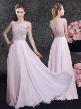  Scoop Pink Zipper Prom Evening Gown Beading Sleeveless Floor Length