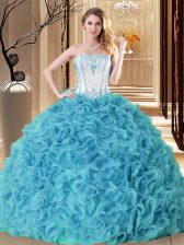 Attractive Aqua Blue Sleeveless Fabric With Rolling Flowers Lace Up Quinceanera Dresses for Military Ball and Sweet 16 and Quinceanera